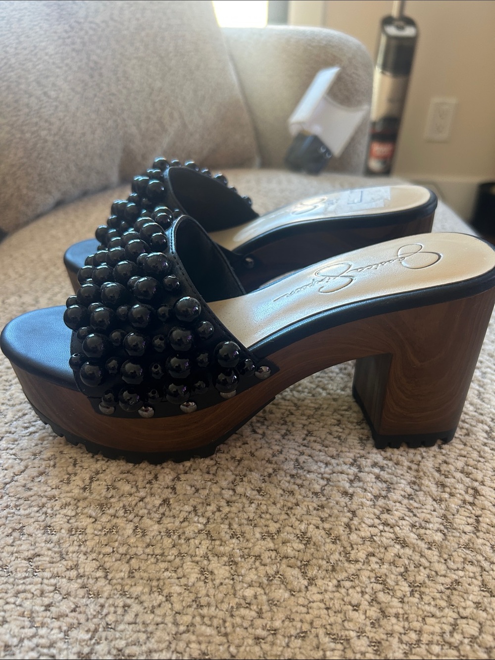 Jessica Simpson Black Beaded Wood-Effect Block Heel Slide Sandals